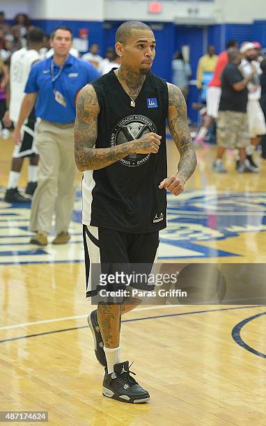 Chris Brown attends LudaDay Weekend Annual Celebrity Basketball Game at Georgia State University Sports Arena on September 6, 2015 in Atlanta,...