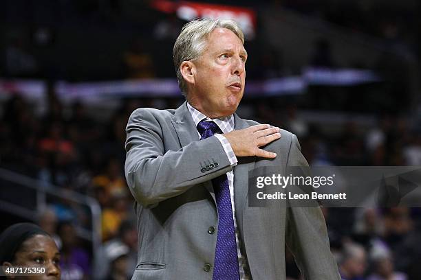 Head coach Brian Agler of the Los Angeles Sparks directs his team against the Tulsa Shock in a WNBA game at Staples Center on September 6, 2015 in...