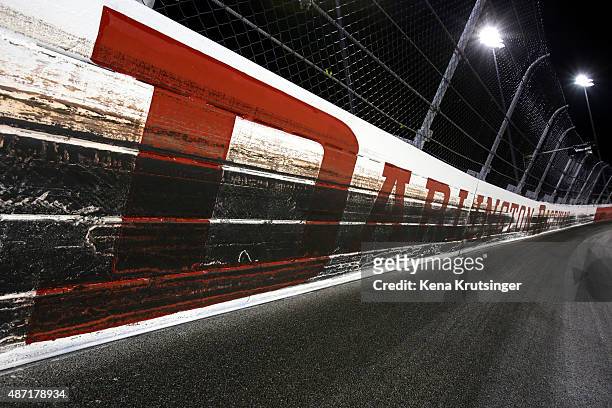 Detail view of skid marks on the SAFER barrier forming "The Darlington Stripe" seen following the NASCAR Sprint Cup Series Bojangles' Southern 500 at...