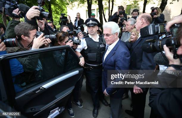 Publicist Max Clifford leaves Southwark Crown Court on April 28, 2014 in London, England. Max Clifford has been found guilty of eight counts of...