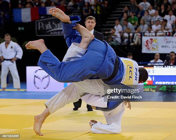 Marc Odenthal of Germany throws Tiago Rodrigues of Portugal for ippon helping Germany reach the men's semi-final during the Montpellier European Team...