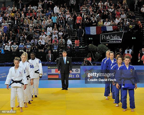 France and Germany prepare for the Women's final that was won by the French team during the Montpellier European Team Judo Championships at the...