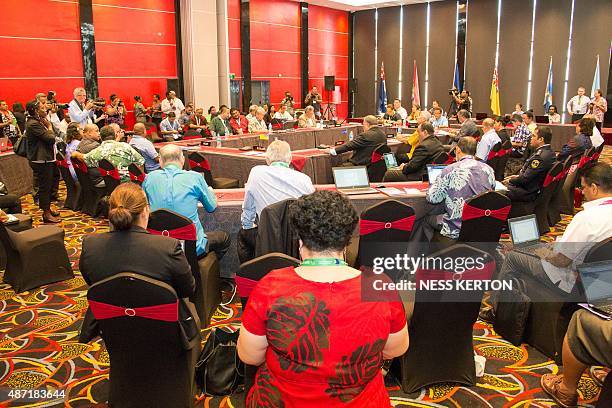 Leaders speak during the Smaller Islands States Leaders meeting as part of the Pacific Islands Forum in Port Moresby, Papua New Guinea, on September...