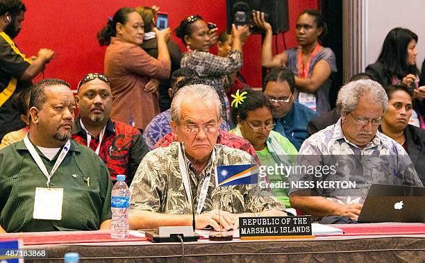 Marshall Islands Foreign Minister Tony de Brum listens to a speaker during the Smaller Islands States Leaders meeting as part of the Pacific Islands...