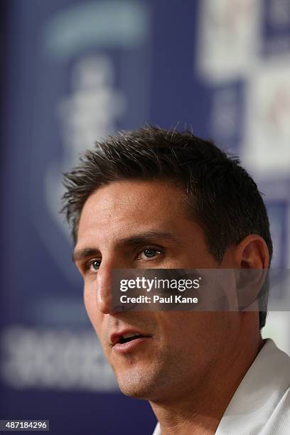 Matthew Pavlich of the Fremantle Dockers speaks to the media during the AFL Finals Series Launch press conference at Fremantle Oval on September 7,...