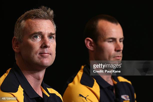 Adam Simpson and Shannon Hurn of the West Coast Eagles speak to the media during the AFL Finals Series Launch press conference at Domain Stadium on...