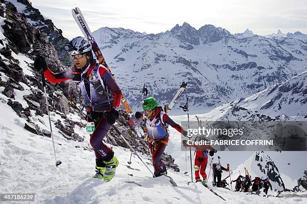 Racers of the Glacier Patrol race climb the Rosablanche pass on April 22, 2010. The Glacier Patrol organized by the Swiss Army sees...