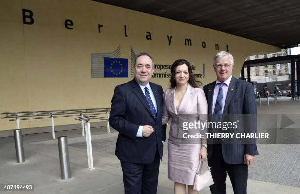 Scotland's First Minister Alex Salmond poses in front of the European Union Commission Headquarter with SNP President and Member of the European...