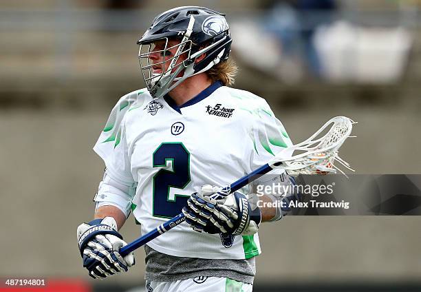Brendan Mundorf of the Chesapeake Bayhawks looks to pass against the Boston Cannons during a game at Harvard Stadium on April 27, 2014 in Boston,...
