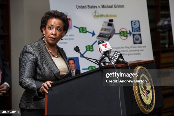 Loretta Lynch, United States Attorney for the Eastern District of New York, speaks at a press conference to announce a 20-count indictment against...