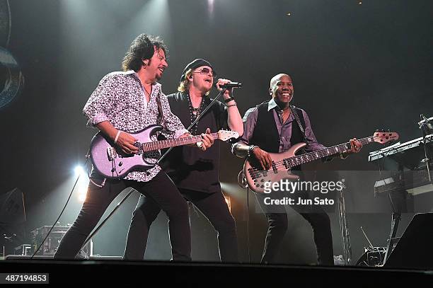 Steve Lukather, Joseph Williams and Nathan East of Toto perform live during their 35th Anniversary Tour at the Nippon Budokan on April 28, 2014 in...