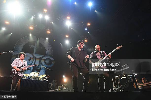 Steve Lukather, Joseph Williams and Nathan East of Toto perform live during their 35th Anniversary Tour at the Nippon Budokan on April 28, 2014 in...