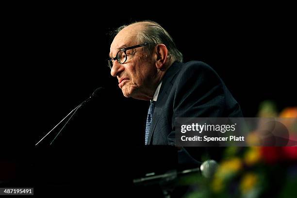 Former Federal Reserve Chairman Alan Greenspan speaks to The Economic Club of New York on April 28, 2014 in New York City. Following the 2008 global...