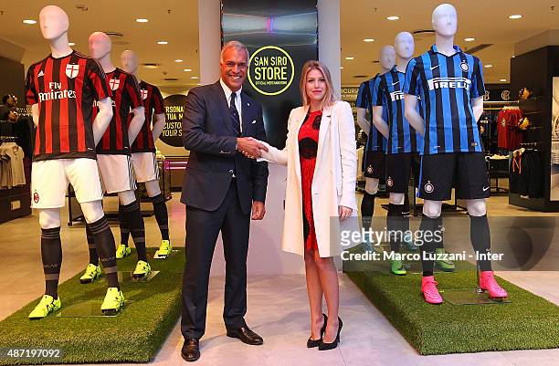 Of FC Internazionale Milano Michael Bolingbroke and CEO of AC Milan Barbara Berlusconi attend the unveiling of the new store at Giuseppe Meazza...