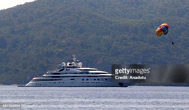 The 147 meter mega luxury yacht of Manchester City owner Sheikh Mansour bin Zayed al Nahyan, 'Topaz' anchors at Marmaris, Mugla, Turkey on September...
