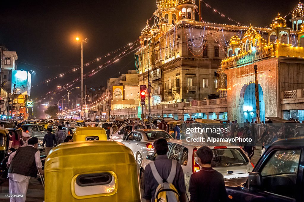 Busy streets of the Old Delhi spice market by night