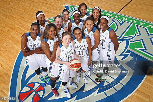 The Minnesota Lynx pose for the annual team photo on September 6, 2015 at Target Center in Minneapolis, Minnesota. NOTE TO USER: User expressly...