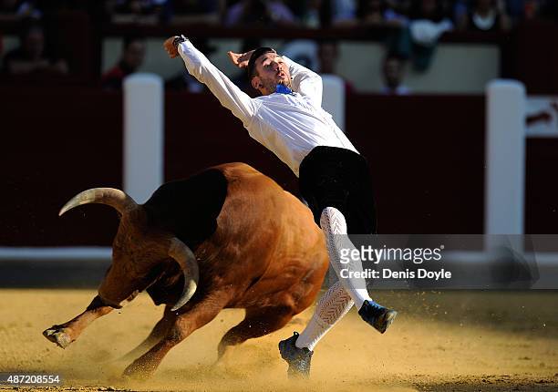 Dani Alonso performs during the Liga de Corte Puro finals at the Plaza de Toros on September 6, 2015 in Valladolid, Spain. Corte Puro involves the...