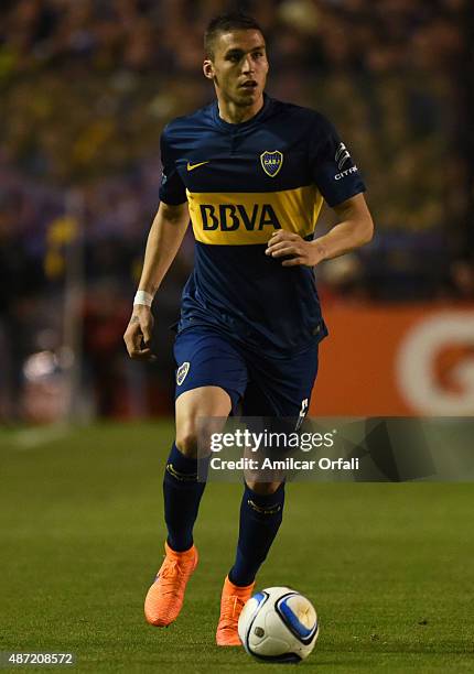 Fernando Tobio of Boca Juniors drives the ball during a match between Boca Juniors and San Lorenzo as part of 23rd round of Torneo Primera Division...