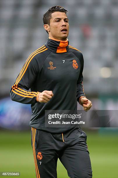 Cristiano Ronaldo of Real Madrid warms up during the training session on the eve of the UEFA Champions League semi final second leg match between FC...