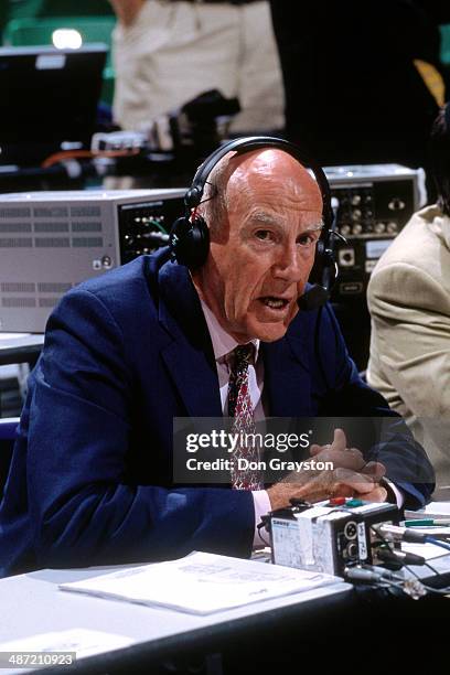 Jack Ramsay broadcasts during Game One of the 1998 NBA Finals between the Chicago Bulls and Utah Jazz on June 3, 1998 at the United Center in...