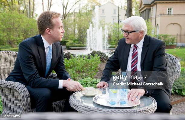 German Foreign Minister Frank-Walter Steinmeier meets Borge Brende, Foreign Minister of Norway, during his visit to Norway on April 23, 2014 in Oslo,...