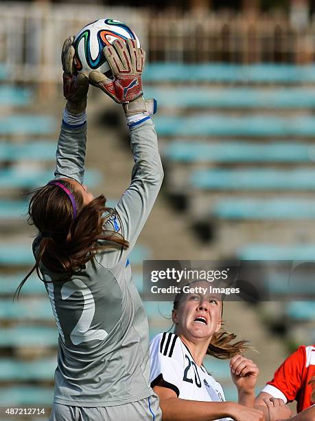 Vanessa Ziegel of Germany challenges Maryaia Svidunovich of Belarus during the U17 Girl's international UEFA tournament match between U17 Girl's...