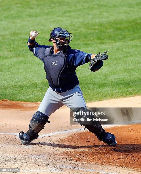 Arencibia of the Tampa Bay Rays in action against the New York Yankees at Yankee Stadium on September 6, 2015 in the Bronx borough of New York City....