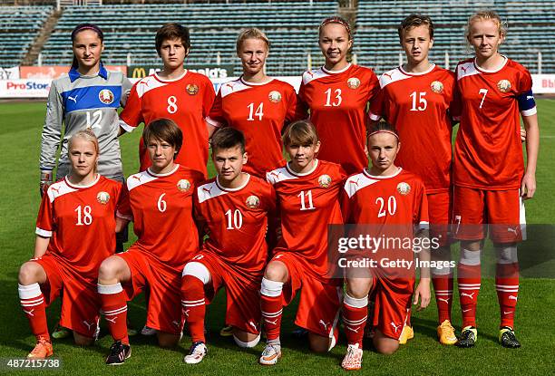 Team of Belarus during the U17 Girl's international UEFA tournament match between U17 Girl's Belarus and U17 Girl's Germany at Traktor Stadium on...