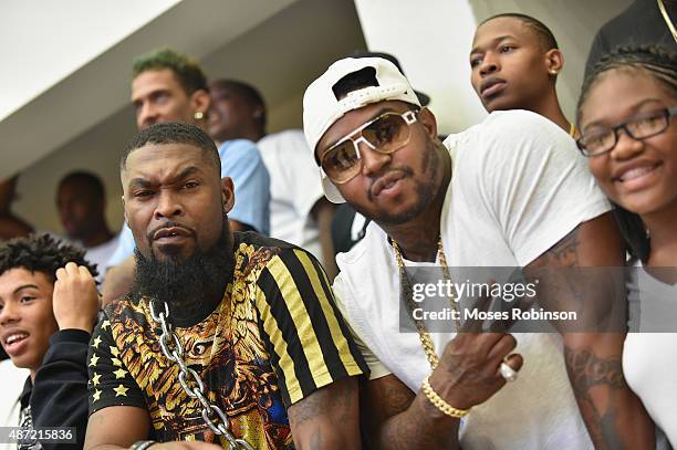 Guest and rapper Scrappy attend LudaDay Weekend Annual Celebrity Basketball Game at Georgia State University Sports Arena on September 6, 2015 in...