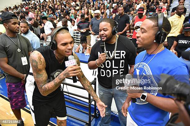 Recording artist Chris Brown, Jarard J, and recording artist/actor Ludacris attend LudaDay Weekend Annual Celebrity Basketball Game at Georgia State...