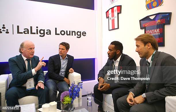 David Davies, Michael Owen, Jay-Jay Okocha and Gaizka Mendieta during day three of the Soccerex Global Convention at Manchester Central on September...