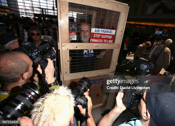 Actor James Cromwell leads a PETA protest against Air France's cruelty to monkeys at Los Angeles International Airport on April 28, 2014 in Los...