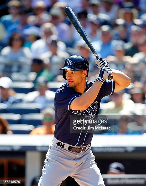 Grady Sizemore of the Tampa Bay Rays in action against the New York Yankees at Yankee Stadium on September 6, 2015 in the Bronx borough of New York...