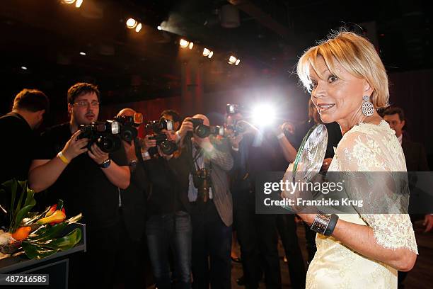 Uschi Glas poses with her award during the 9th Victress Awards Gala at andel's Hotel Berlin on April 28, 2014 in Berlin, Germany.