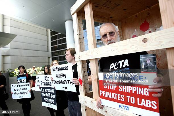 Actor James Cromwell leads PETA protest against Air France's cruelty to monkeys at Los Angeles International Airport on April 28, 2014 in Los...