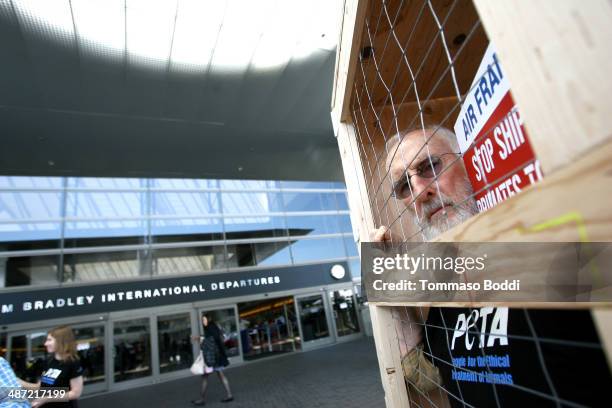 Actor James Cromwell leads PETA protest against Air France's cruelty to monkeys at Los Angeles International Airport on April 28, 2014 in Los...