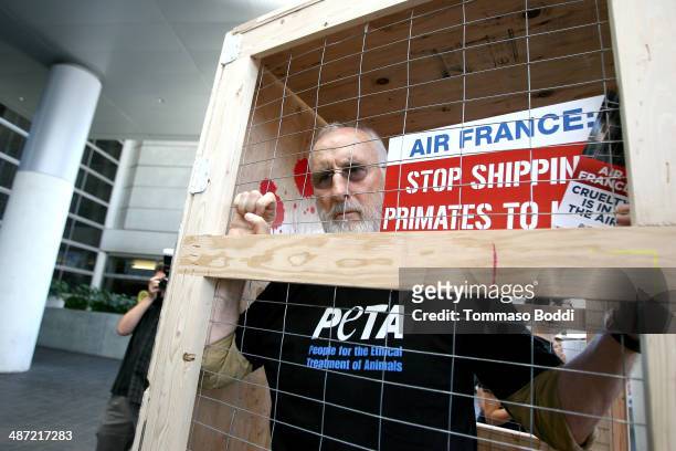 Actor James Cromwell leads PETA protest against Air France's cruelty to monkeys at Los Angeles International Airport on April 28, 2014 in Los...