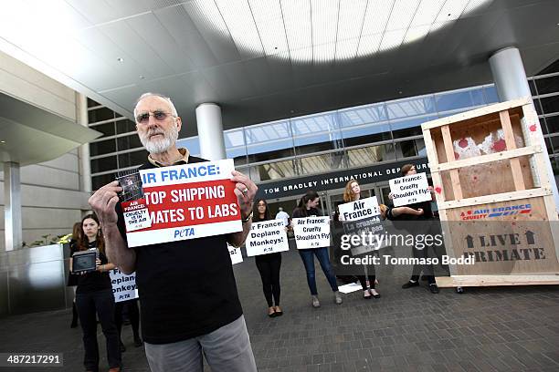 Actor James Cromwell leads PETA protest against Air France's cruelty to monkeys at Los Angeles International Airport on April 28, 2014 in Los...