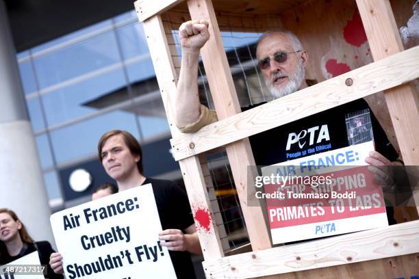 Actor James Cromwell leads PETA protest against Air France's cruelty to monkeys at Los Angeles International Airport on April 28, 2014 in Los...