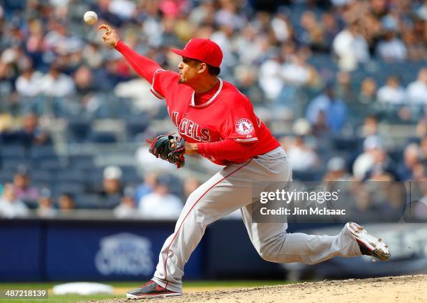 Ernesto Frieri of the Los Angeles Angels of Anaheim in action against the New York Yankees at Yankee Stadium on April 26, 2014 in the Bronx borough...