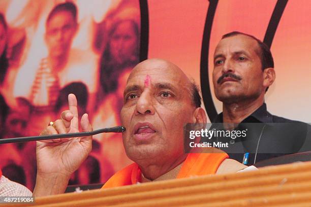 President Rajnath Singh address press after the victory in General elections 2014 at BJP HQ, Ashoka Road on May 16, 2014 in New Delhi, India.