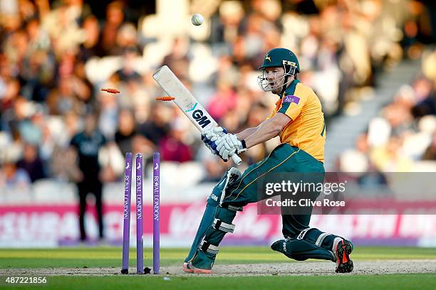 Chris Reed of Nottinghamshire plays onto his own stumps off the bowling of Jade Dernbach of Surrey during the Royal London One-Day Cup Semi Final...