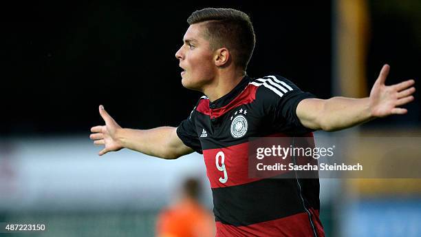 Enis Bunjaki of Germany celebrates after scoring the opening goal during the U19 international friendly match between Netherlands and Germany on...