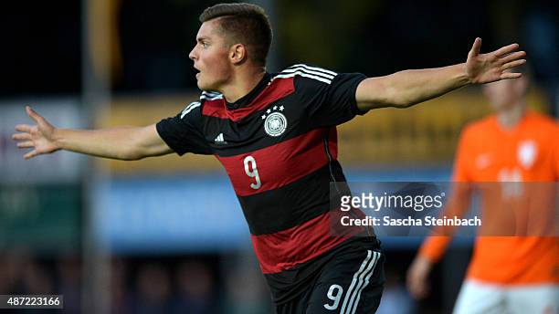 Enis Bunjaki of Germany celebrates after scoring the opening goal during the U19 international friendly match between Netherlands and Germany on...