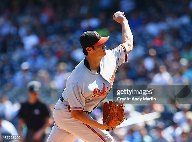 Wei-Yin Chen of the Baltimore Orioles pitches in the first inning against the New York Yankees at Yankee Stadium on September 7, 2015 in New York...