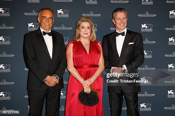 Venice Film Festival Director Alberto Barbera, actress Catherine Deneuve and Jaeger-LeCoultre Ceo Daniel Riedo attend the Jaeger-LeCoultre gala event...