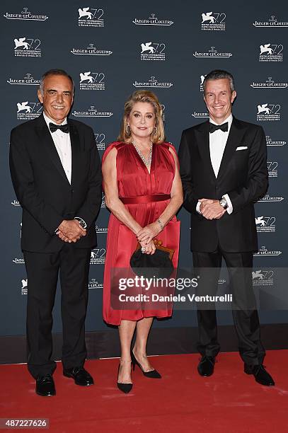 Venice Film Festival Director Alberto Barbera, actress Catherine Deneuve and Jaeger-LeCoultre Ceo Daniel Riedo attend the Jaeger-LeCoultre gala event...