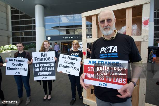 Actor James Cromwell Leads PETA Protest Against Air France's Cruelty To Monkeys at Los Angeles International Airport on April 28, 2014 in Los...