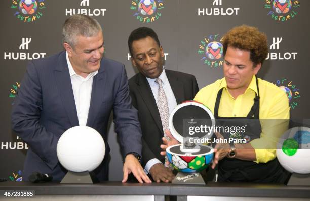 Ricardo Guadalupe, Pele and Romero Britto celebrating the "Hublot Loves Football" American Kickoff with Pele at Romero Britto's Studio at Britto...